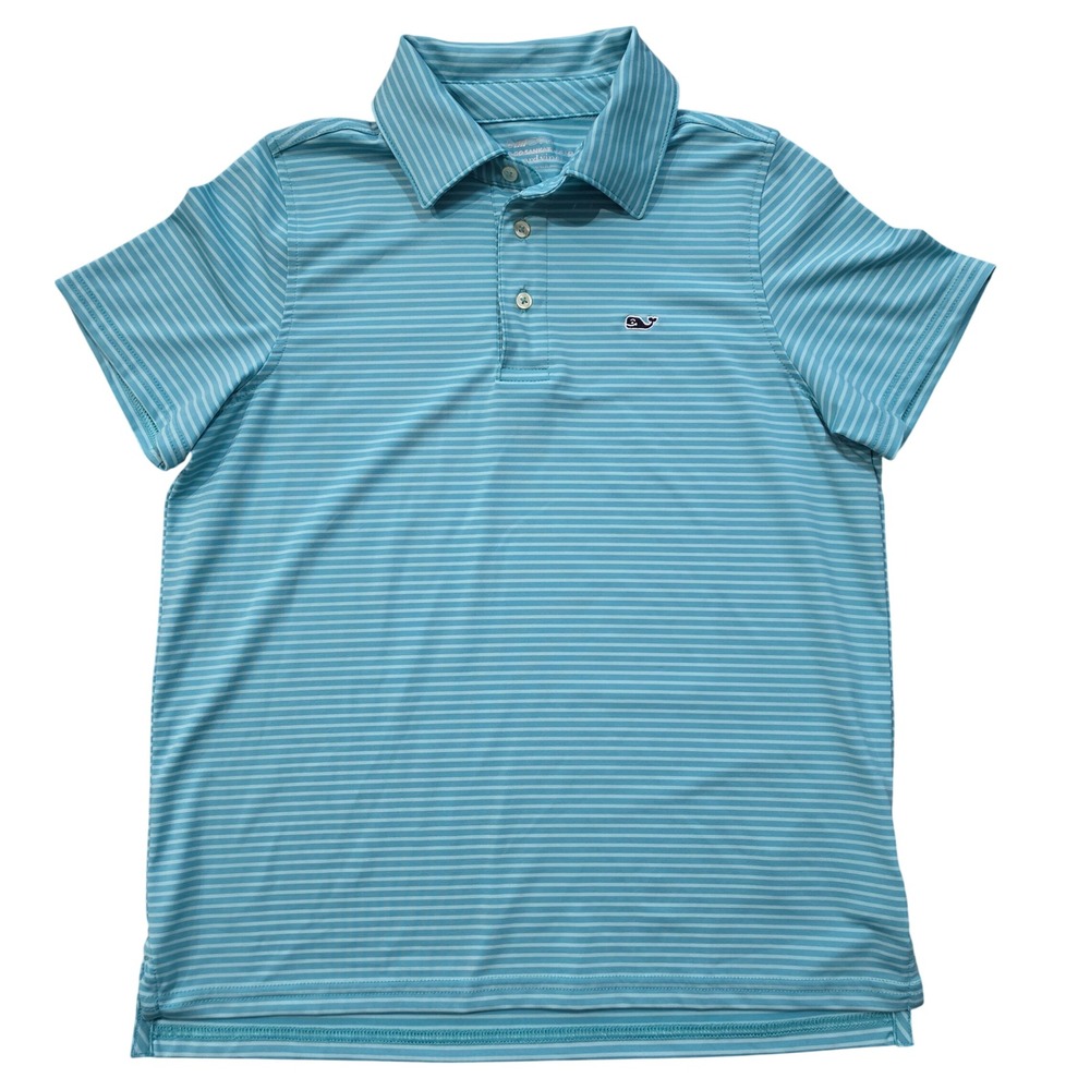 Vineyard Vines Boys M 12-14 On-The-Go Sankaty Polo Shirt Blue Striped  Whale